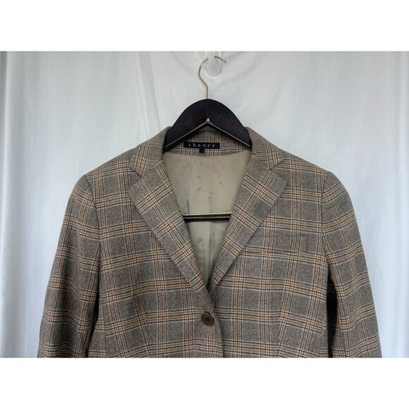 Theory Brown Plaid Wool Blend Blazer Jacket Size 4 Preppy Academia Office Work - Picture 2 of 8